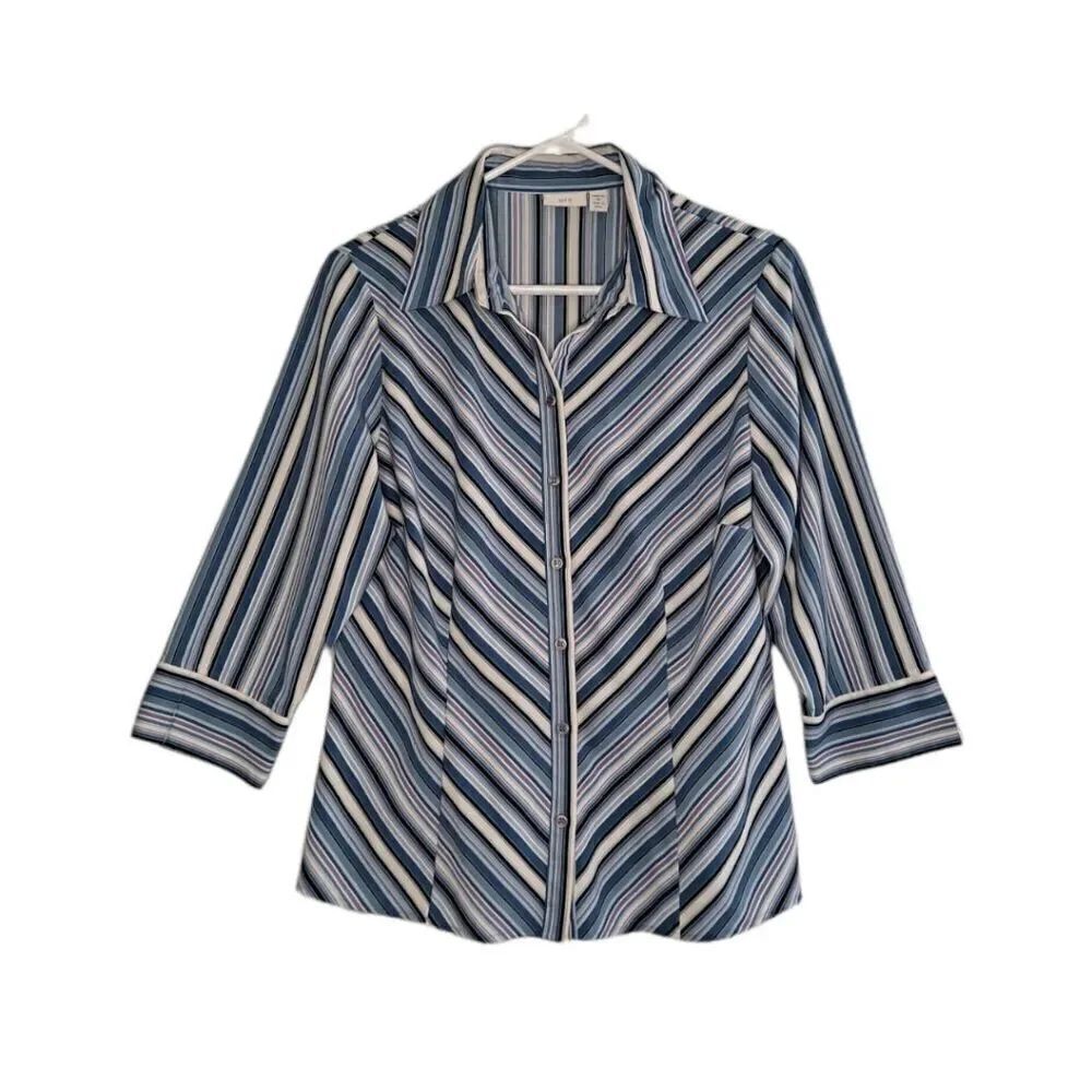 Apt 9 Striped Button Front Blouse Blue Black White Medium